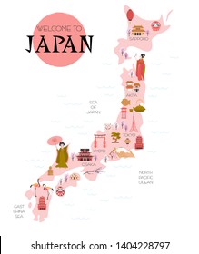 Mapa ilustrado de Japón con Elementos y Lugares famosos tradicionales. Bienvenido al cartel de Plantilla de diseño de Japón. Ilustración vectorial editable