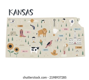 Illustrated map of Kansas state with landmarks and symbols.