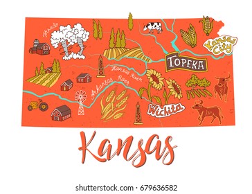 Illustrated map of Kansas, USA. Travel and attractions