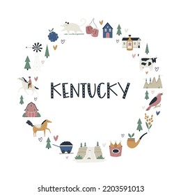 Illustrated map of Kentucky state with landmarks and symbols.
