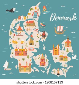 Illustrated map of Kingdom of Denmark with famous attractions, symbols. Bright scandinavian poster