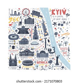 Illustrated map of Kyiv with turist attractions and symbols. Illustration with famous places and buildings in cartoon style.