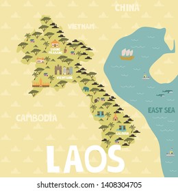 Illustrated map of Laos with cities and landmarks. Editable vector illustration