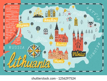 Illustrated map of  Lithuania. Travel and attractions. Cartoon map