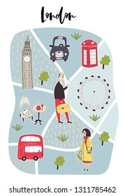 Illustrated Map of London with cute and fun hand drawn characters, plants and elements. Color vector illustration.