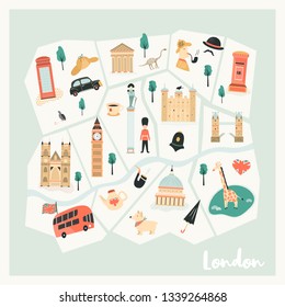 Illustrated map of London with landmarks, characters and symbols. Vector design