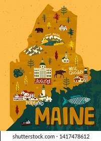 Illustrated Map Maine Usa Travel Attractions Stock Vector (Royalty Free ...