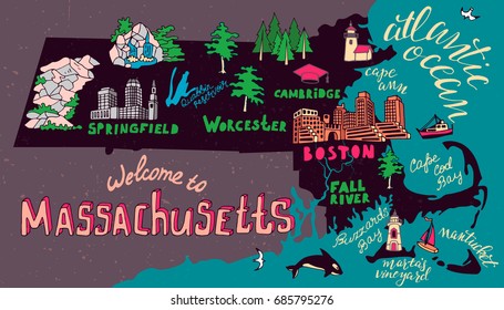 Illustrated map of Massachusetts state, USA.  Travel and attractions svg