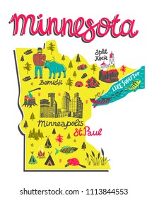 Illustrated map of Minnesota, USA. Travel and attractions
