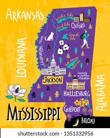 Illustrated map of  Mississippi state, USA. Travel and attractions. 