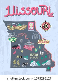 Illustrated map of  Missouri, USA. Travel and attractions