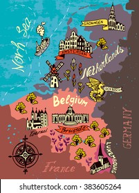 Illustrated map of the Netherlands, Belgium, Luxembourg