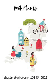 Illustrated Map of Netherlands with cute and fun hand drawn characters, plants and elements. Color vector illustration.