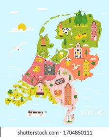 Illustrated map of Netherlands with symbols, buildings. Bright design for tourist posters, banners, leaflets, prints