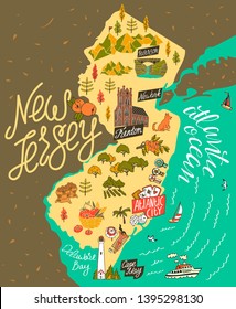 Illustrated map of  New Jersey, USA. Travel and attractions