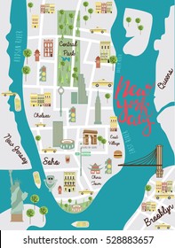 Illustrated map of New York city. Travel map. Vector illustration