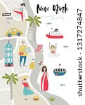 Illustrated Map of New York with cute and fun hand drawn characters, plants and elements. Color vector illustration.