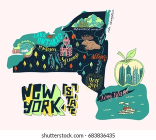 Illustrated map of New York state, USA. Travel and attractions