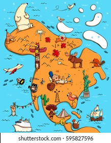 Illustrated Map of North America. With funny and typical objects, people, activities, animals, plants, history etc. Illustration in eps10 vector, continent on separate layer.