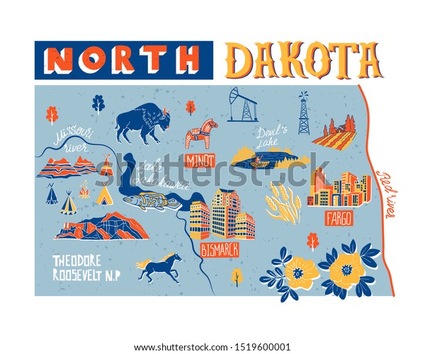 Made in USA. NORTH DAKOTA STATE MAP postcard set of 20 identical postcards Post cards with ND map and state symbols 