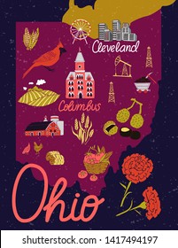 Illustrated map of Ohio, USA. Travel and attractions