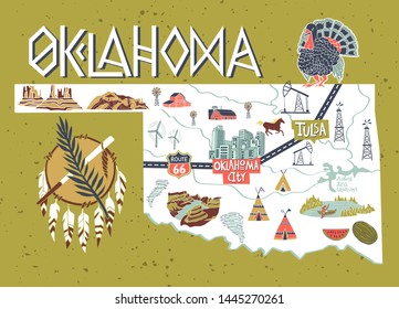 Illustrated Map Of  Oklahoma, USA. Travel And Attractions