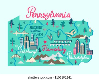 Illustrated map of Pennsylvania, USA. Travel and attractions