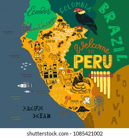 Illustrated map of Peru.  Vector illustration with all main tourist attraction of the country. Tawantinsuyu (quechua language) - The Inca Empire.
