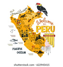 Illustrated map of Peru.  Vector illustration with all main tourist attraction of the country. Tawantinsuyu (quechua language) - The Inca Empire.



