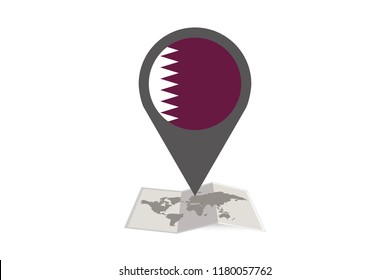 An Illustrated Map and Pointer with the Country Flag of  Qatar