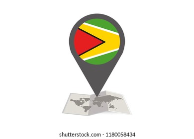An Illustrated Map and Pointer with the Country Flag of  Guyana