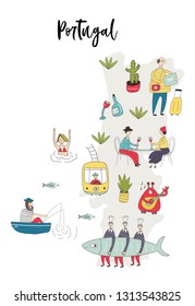 Illustrated Map of Portugal with cute and fun hand drawn characters, plants and elements. Color vector illustration.