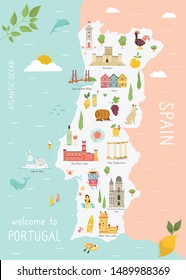 Illustrated map of Portugal with icons, cities, animals, landmarks, monuments. For travel posters, guides banners