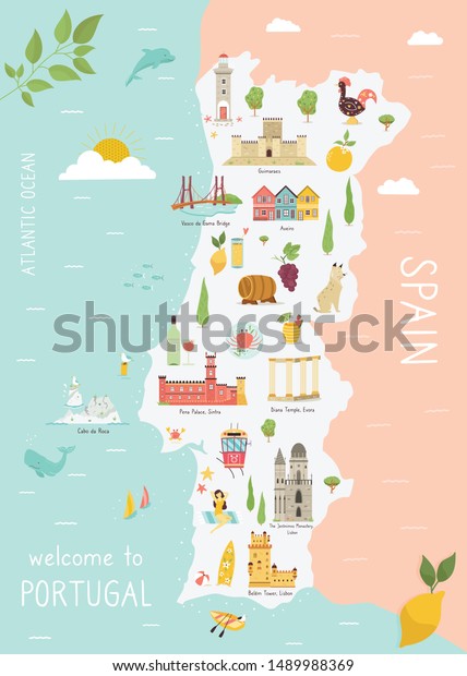 Illustrated Map Portugal Icons Cities Animals Stock Vector Royalty Free