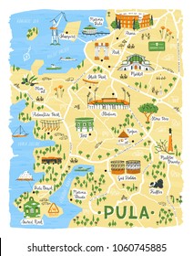 Illustrated map of Pula, Croatia. Vector doodle illustration. Can be used as a poster, travel blog illustration, tourist leaflet, tour guide etc.