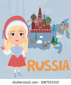 Illustrated map of Russia and girl in national costume. Editable vector illustration