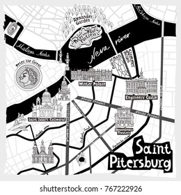 Illustrated map of Saint-Petersburg. Travel and attractions