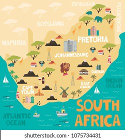 Illustrated map of South Africa with nature and landmarks. Editable vector illustration
