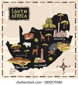 Illustrated map of South Africa. Set of national symbols and elements of architecture and culture