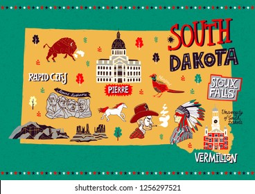 Illustrated map of  South Dakota, USA. Travel and attractions. Cartoon map.