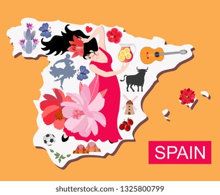 Illustrated map of Spain with flamenco dancer girl and another attractives.