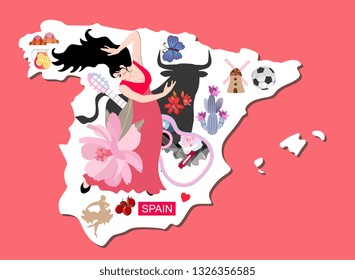 Illustrated map of Spain with flamenco dancer woman, black bull, mill, guitar,sangria and another spanish symbols.