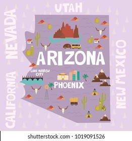 Illustrated map of the state of Arizona in United States with cities and landmarks. Editable vector illustration