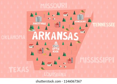 Illustrated map of the state of Arkansa in United States with cities and landmarks. Editable vector illustration