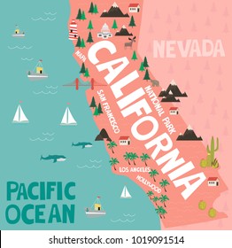 Illustrated map of the state of California in United States with cities and landmarks. Editable vector illustration