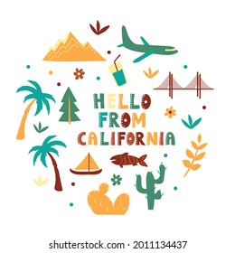 Illustrated map of the state of California in United States with state symbols. Hello from - card. Editable vector illustration
