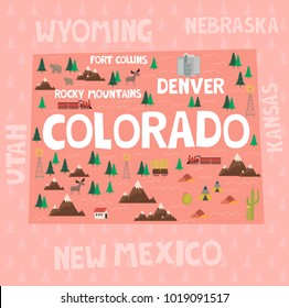 Illustrated map of the state of Colorado in United States with cities and landmarks. Editable vector illustration