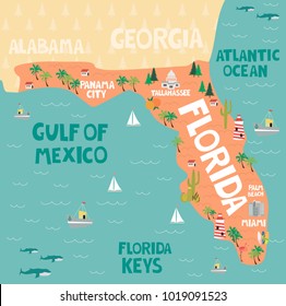 Illustrated map of the state of Florida in United States with cities and landmarks. Editable vector illustration