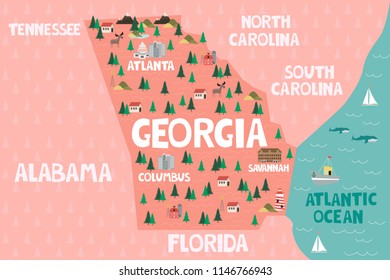 Illustrated map of the state of Georgia in United States with cities and landmarks. Editable vector illustration