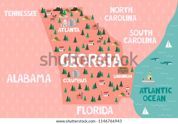 Illustrated Map State Georgia United States Stock Vector Royalty